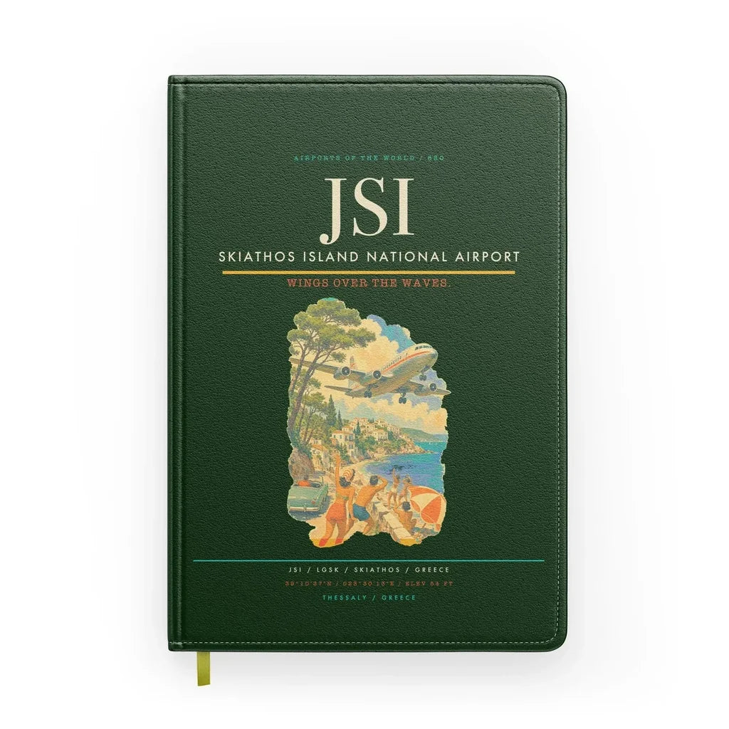 Skiathos Island National Airport (JSI) design on dark green notebook