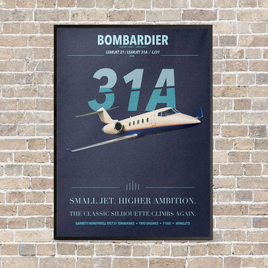 Bombardier Learjet 31A vertical canvas print - framed - navy blue background