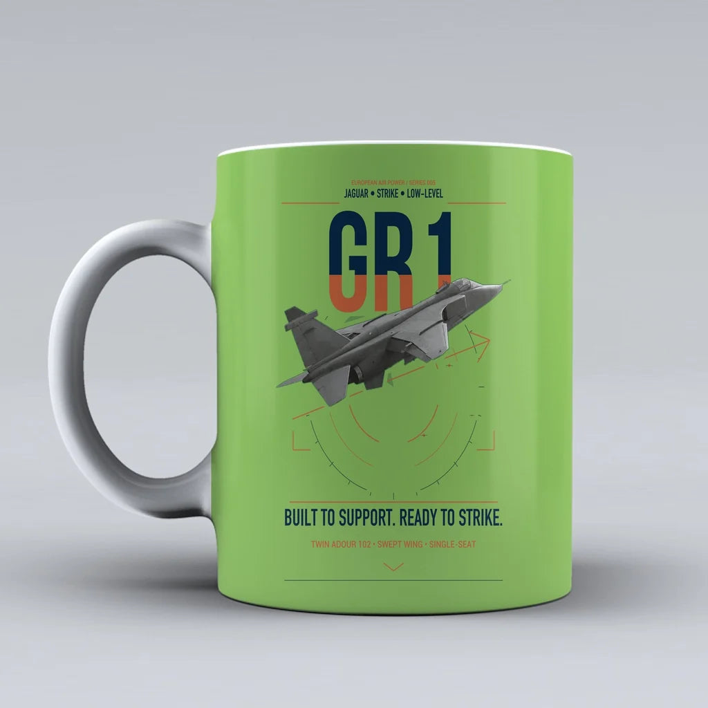 SEPECAT Jaguar GR1 design on light green ceramic mug, double-side print