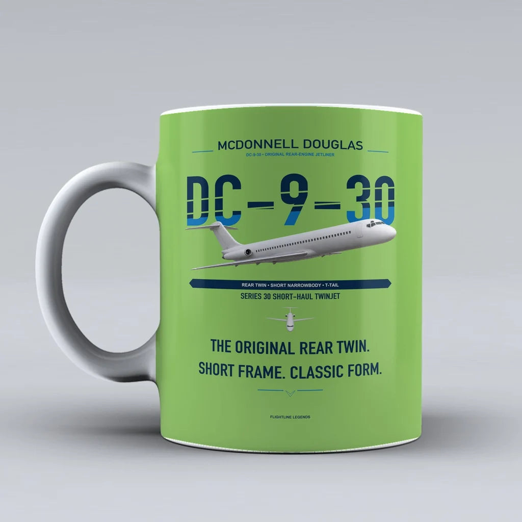 McDonnell Douglas DC-9-30 design on light green ceramic mug, double-side print