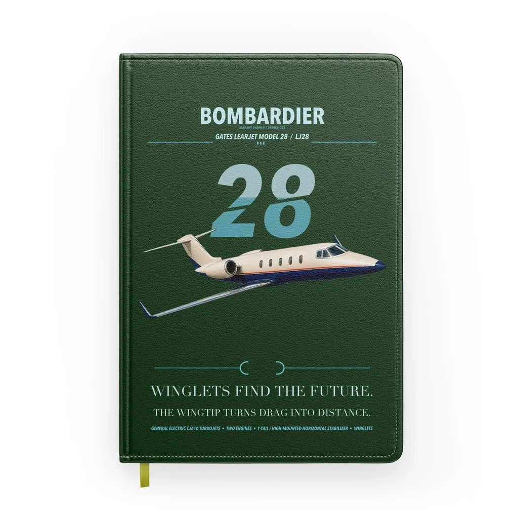 Bombardier Learjet 28 design on dark green notebook