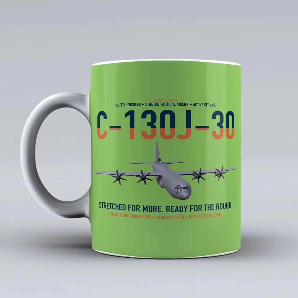 C-130J-30 Super Hercules design on light green ceramic mug, double-side print