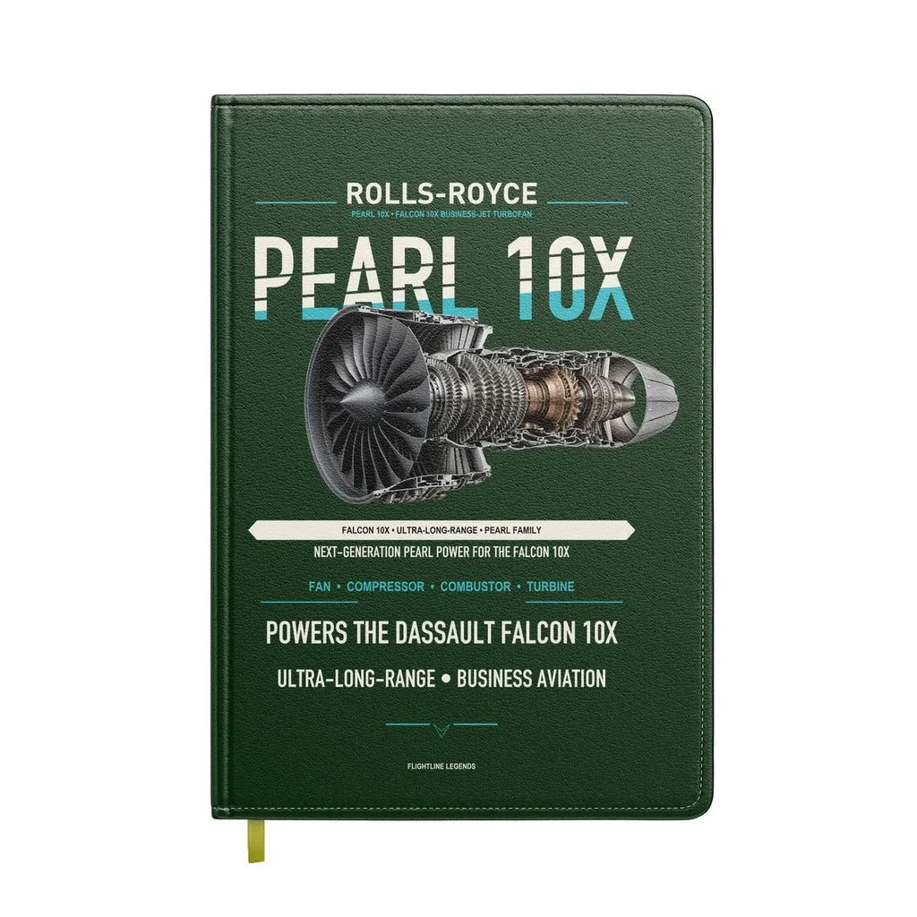 PEARL 10X design on dark green notebook