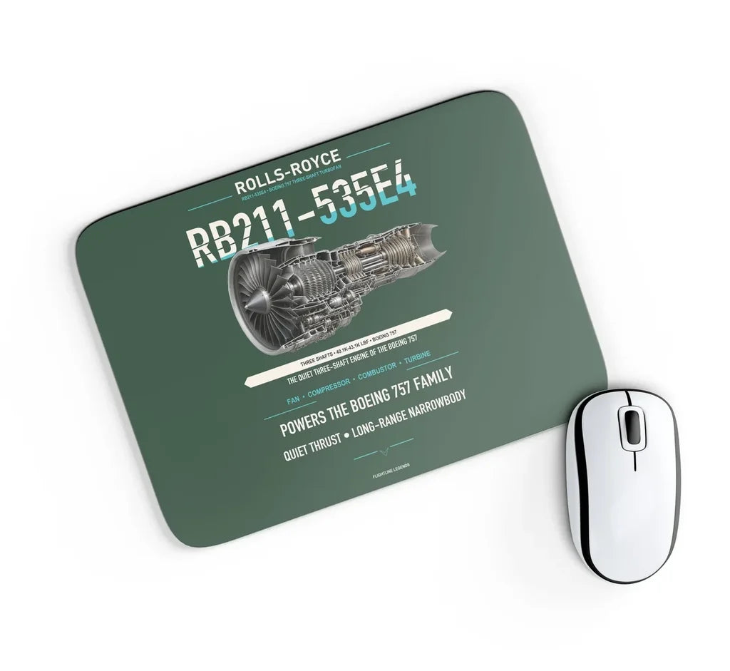RB211-535E4 design on dark green rectangle mouse pad