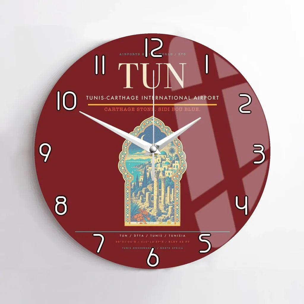 Tunis-Carthage International Airport (TUN) design on dark red no frame wall clock