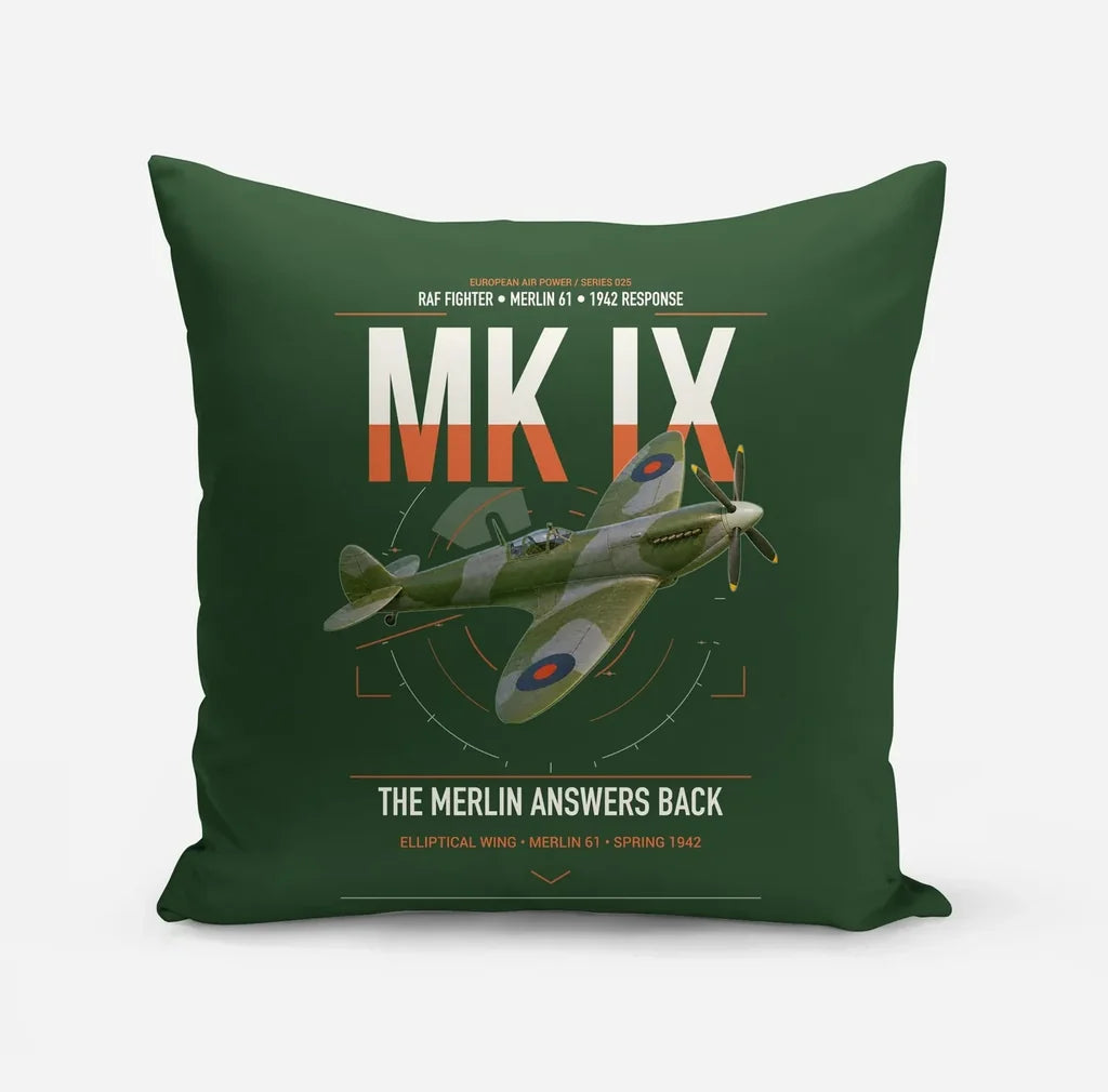 Supermarine Spitfire Mk IX design on dark green pillow