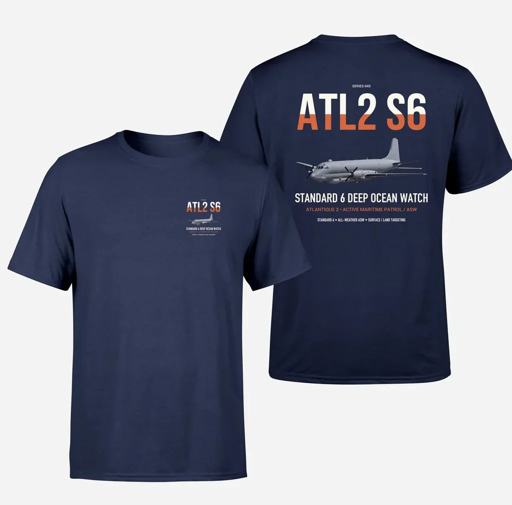 Atlantique 2 Standard 6 design on navy blue double-side t-shirt, double-side print
