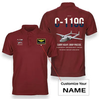 Thumbnail for C-119G Flying Boxcar design on red+name double-side polo t-shirt, double-side print