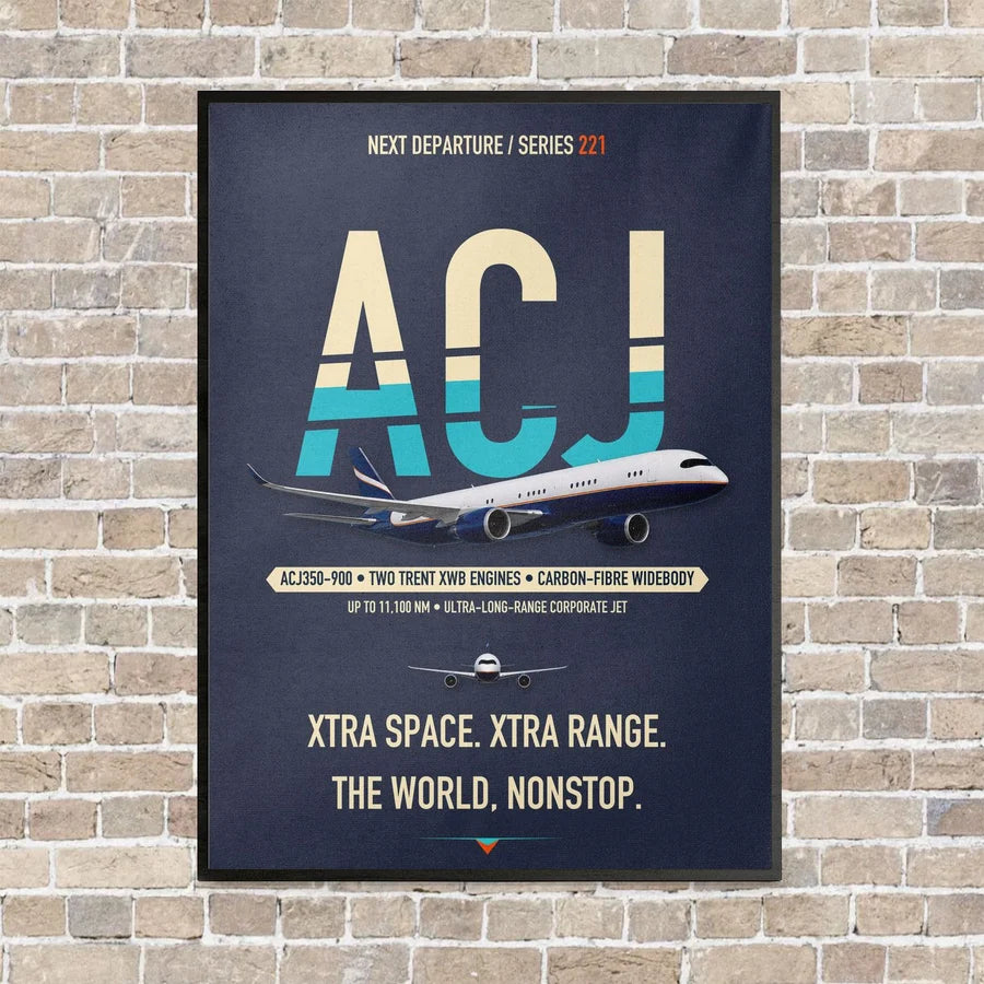 Airbus ACJ350 / exact ACJ350-900 vertical canvas print - framed - navy blue background