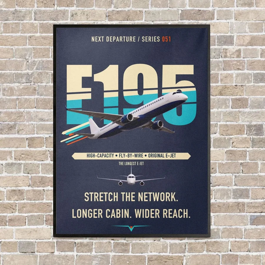 Embraer E195 vertical canvas print - framed - navy blue background