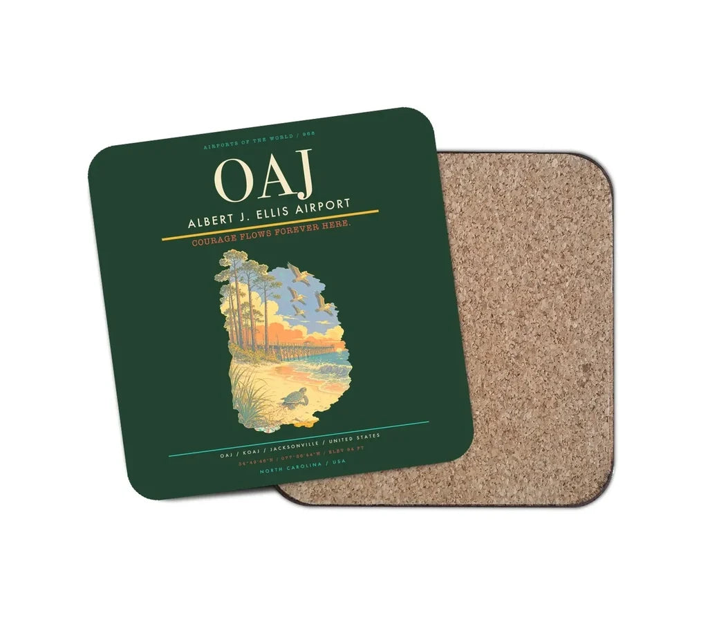 Albert J. Ellis Airport (OAJ) design on dark green 1 piece coaster
