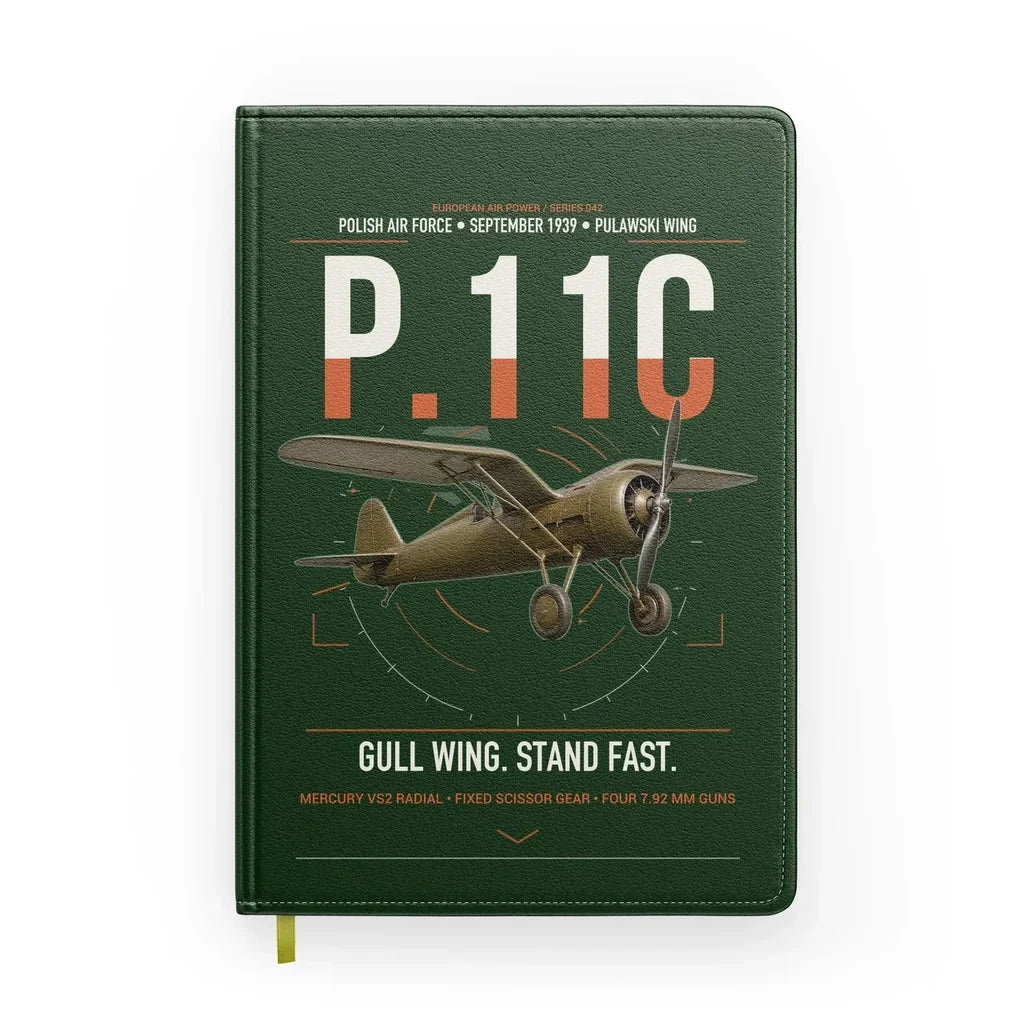 PZL P.11c design on dark green notebook
