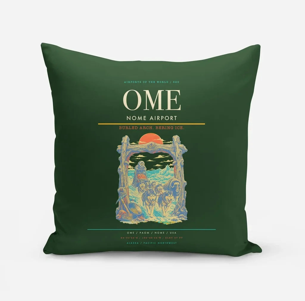 Nome Airport (OME) design on dark green pillow