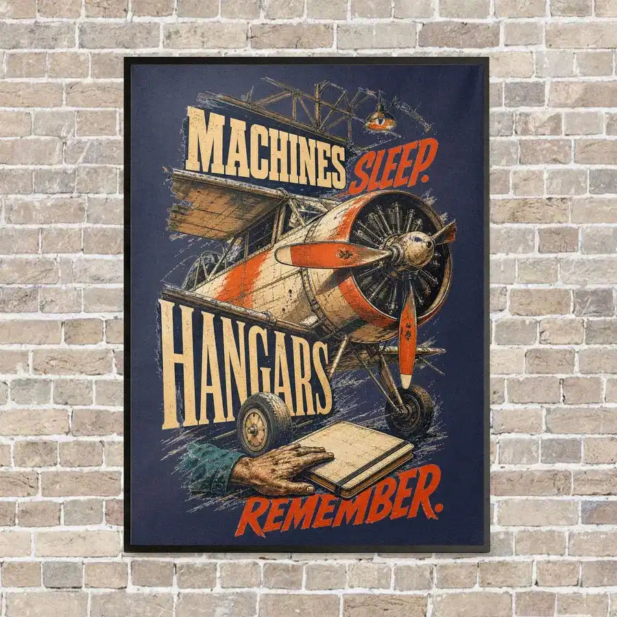 Machines Sleep. Hangars Remember. vertical canvas print - framed - navy blue background