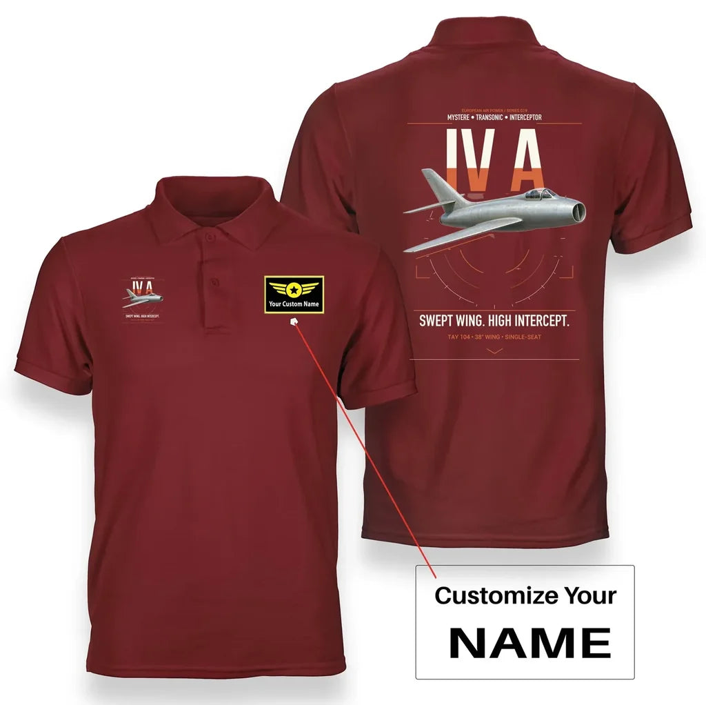 Dassault Mystère IV A design on red+name double-side polo t-shirt, double-side print