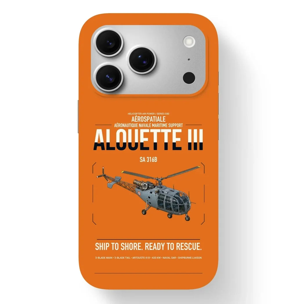 Aérospatiale SA 316B Alouette III design on orange magsafe iphone case, for iPhone 17 Pro