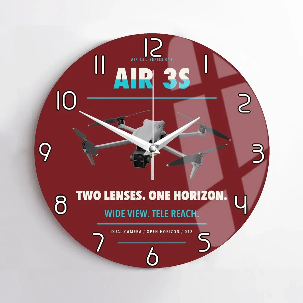 DJI Air 3S design on dark red no frame wall clock