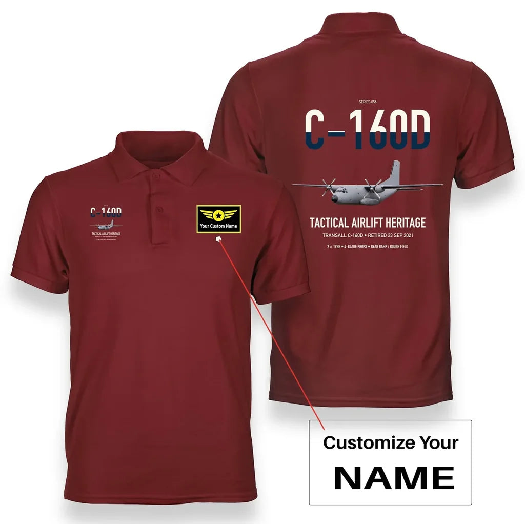 Transall C-160D design on red+name double-side polo t-shirt, double-side print