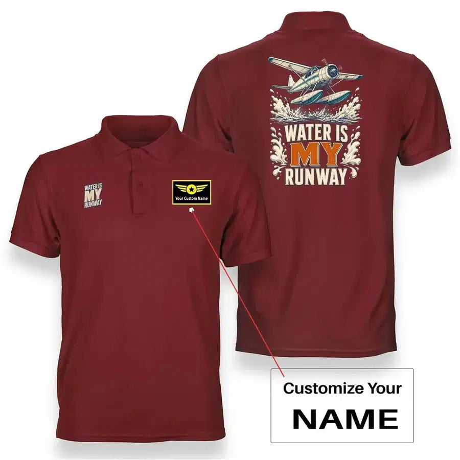 SIGNAL 383 - Water Is My Runway - Double-Side Polo design on red double side polo with custom name badge