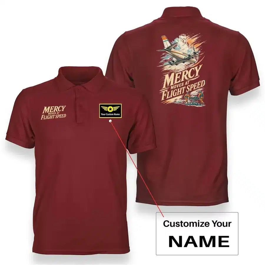 SIGNAL 658 - Mercy Moves At Flight Speed - Double-Side Polo design on red double side polo with custom name badge