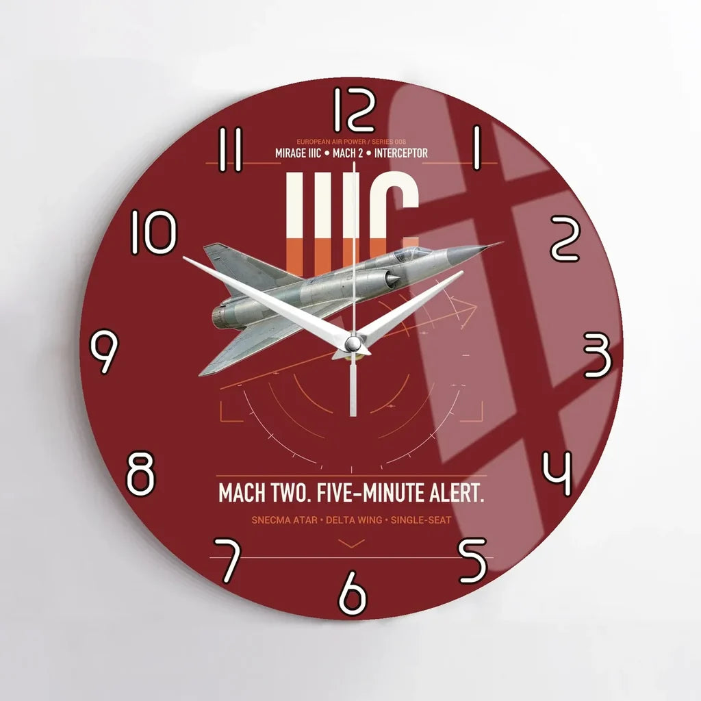 Dassault Mirage IIIC design on dark red no frame wall clock