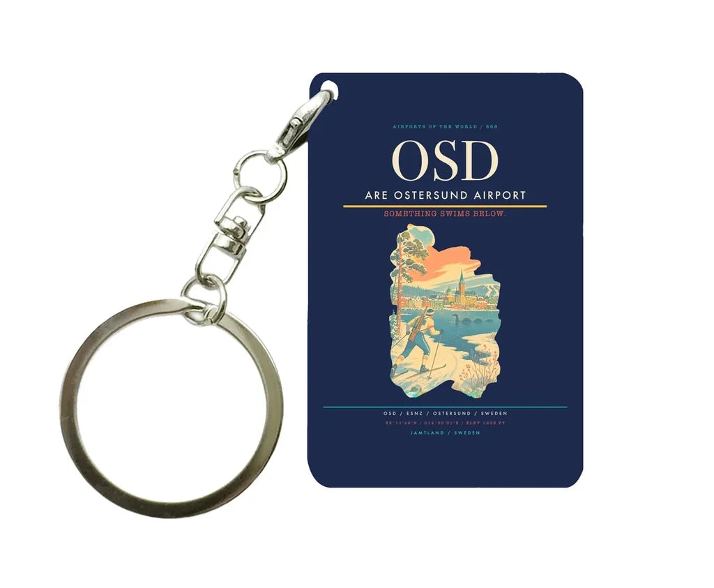 Are Ostersund Airport (OSD) design on navy blue key chain
