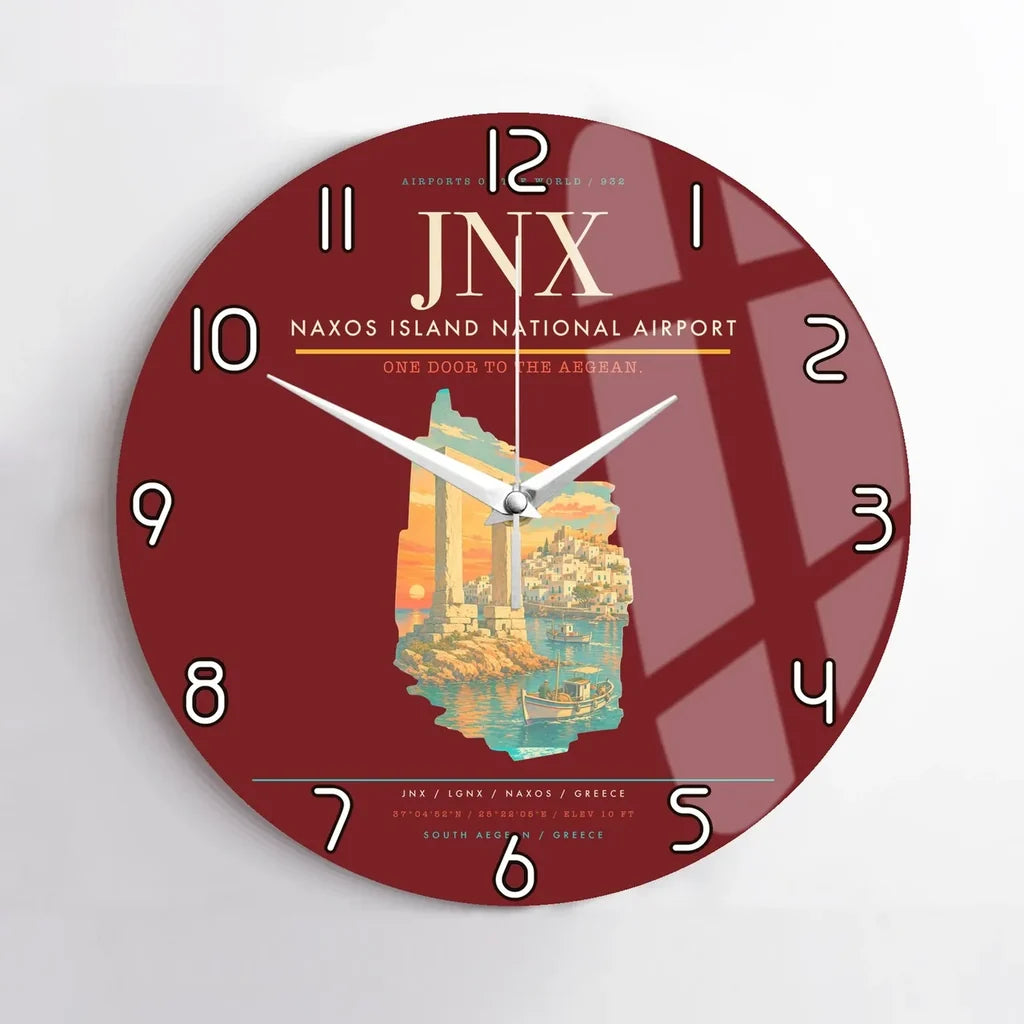 Naxos Island National Airport (JNX) design on dark red no frame wall clock