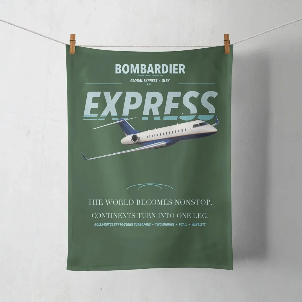 Bombardier Global Express design on dark green towel
