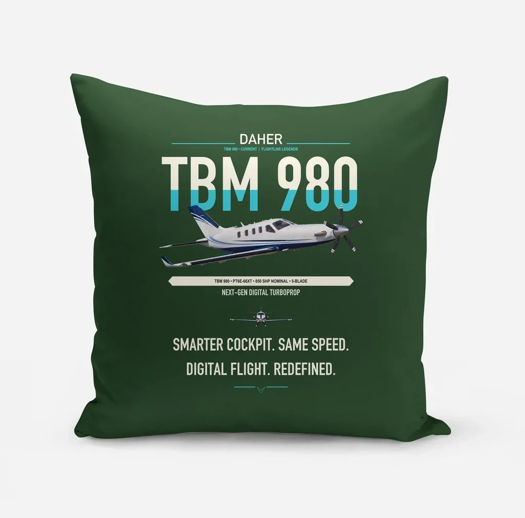 Daher TBM 980 design on dark green pillow