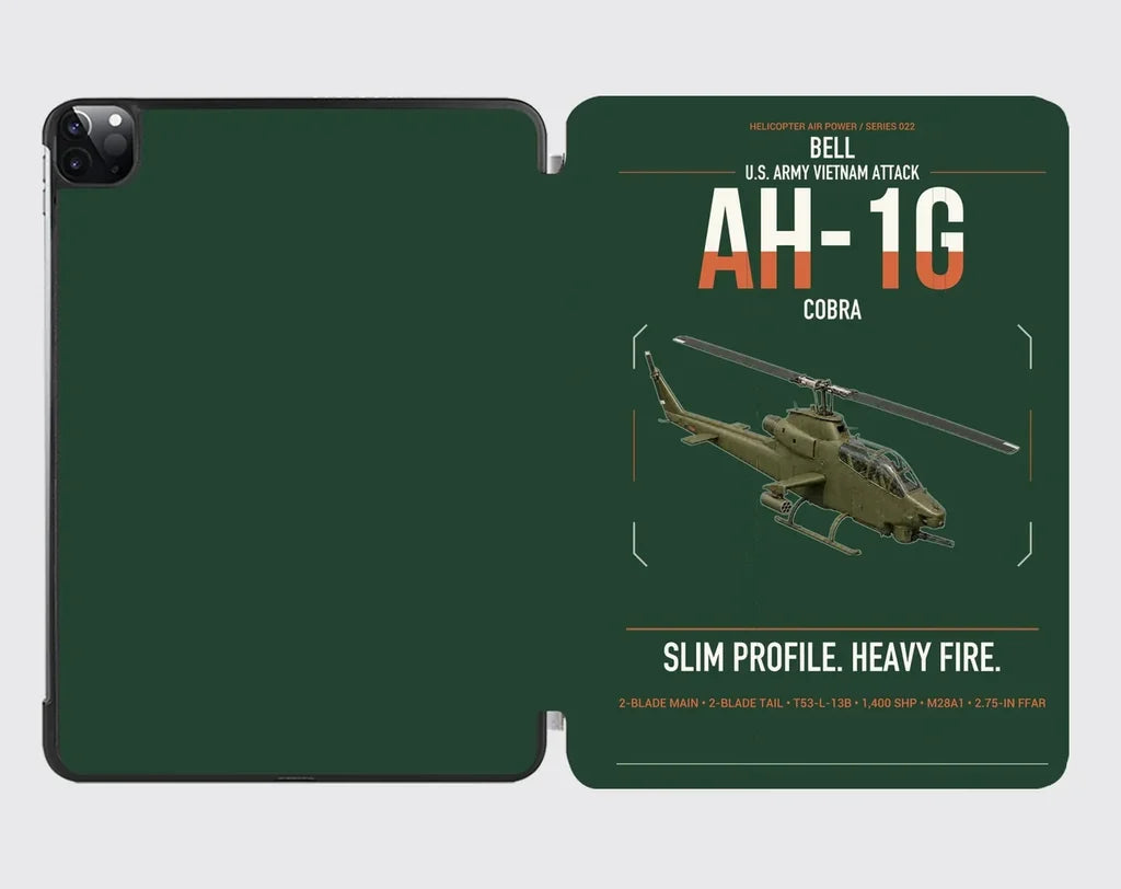 Bell AH-1G Cobra design on dark green ipad tablet case