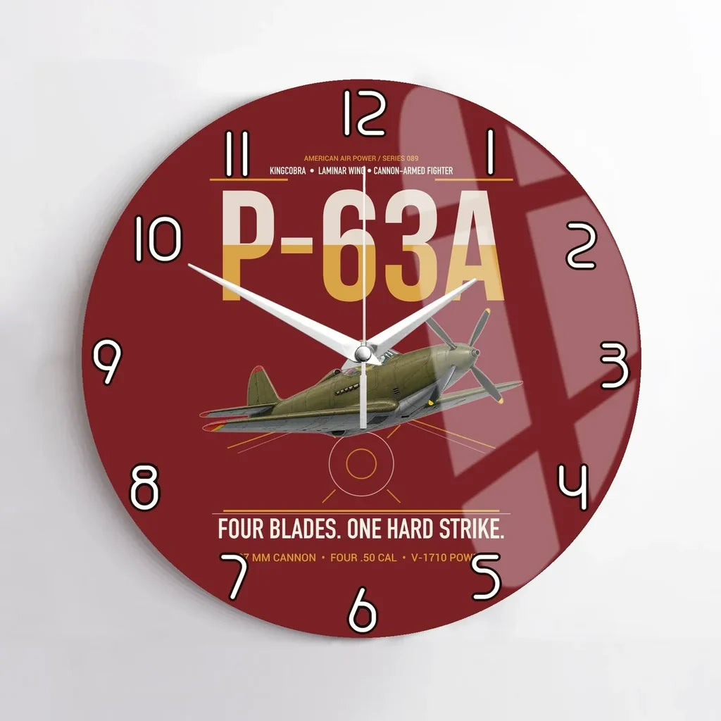 P-63A Kingcobra design on dark red no frame wall clock