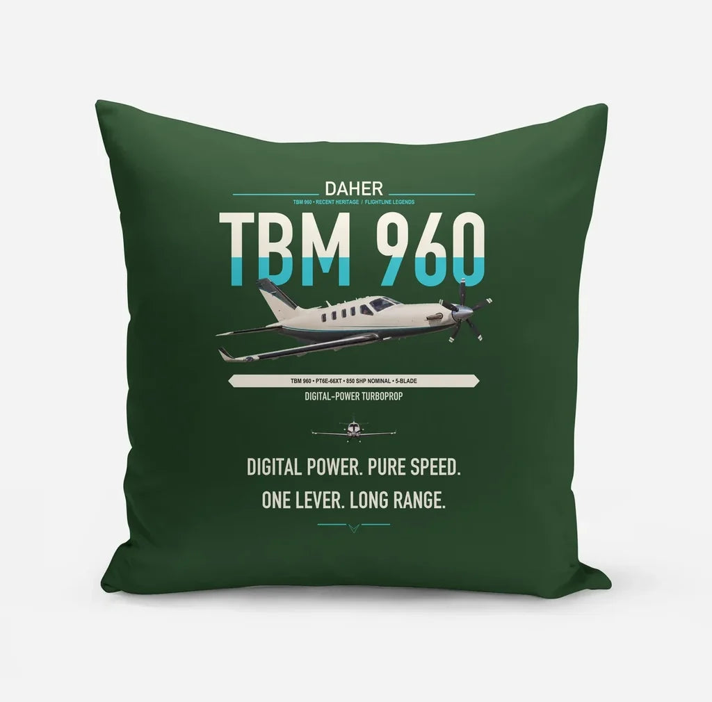 Daher TBM 960 design on dark green pillow