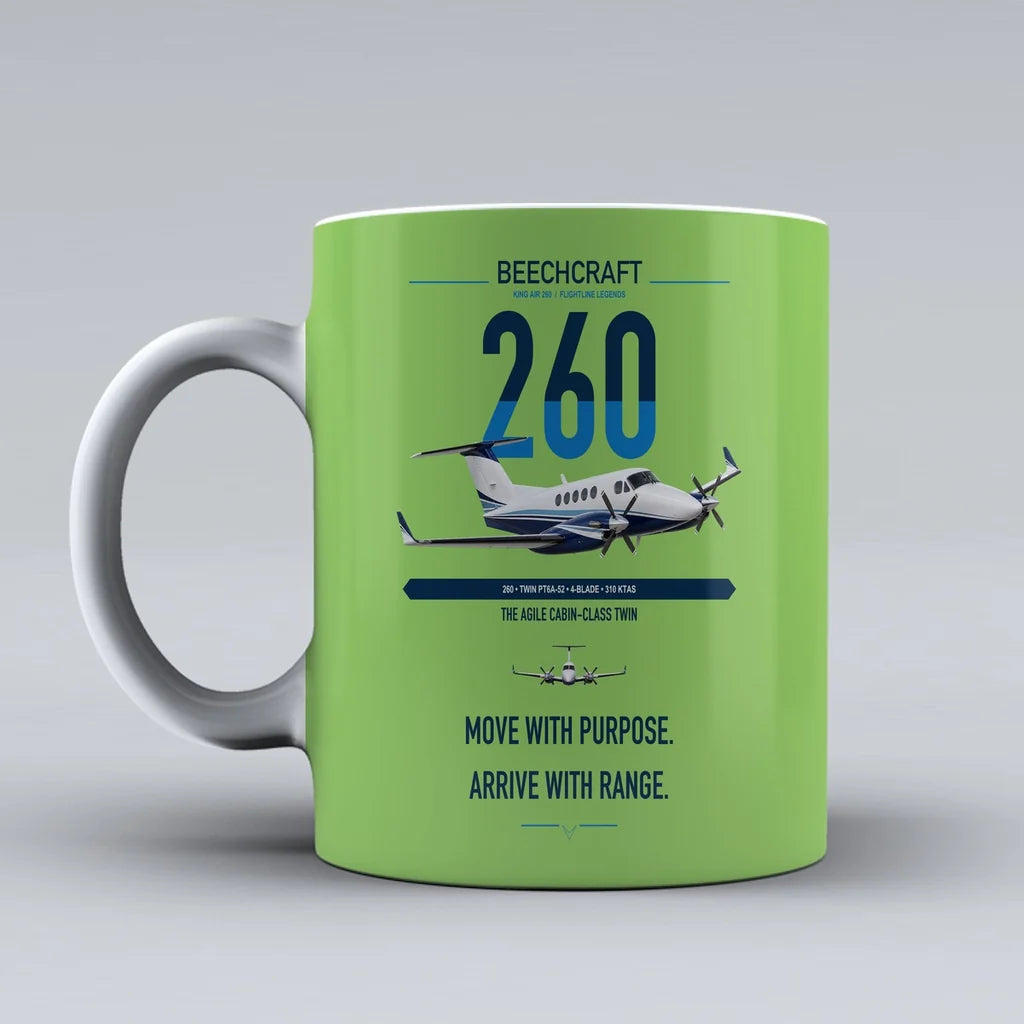 Beechcraft King Air 260 design on light green ceramic mug, double-side print