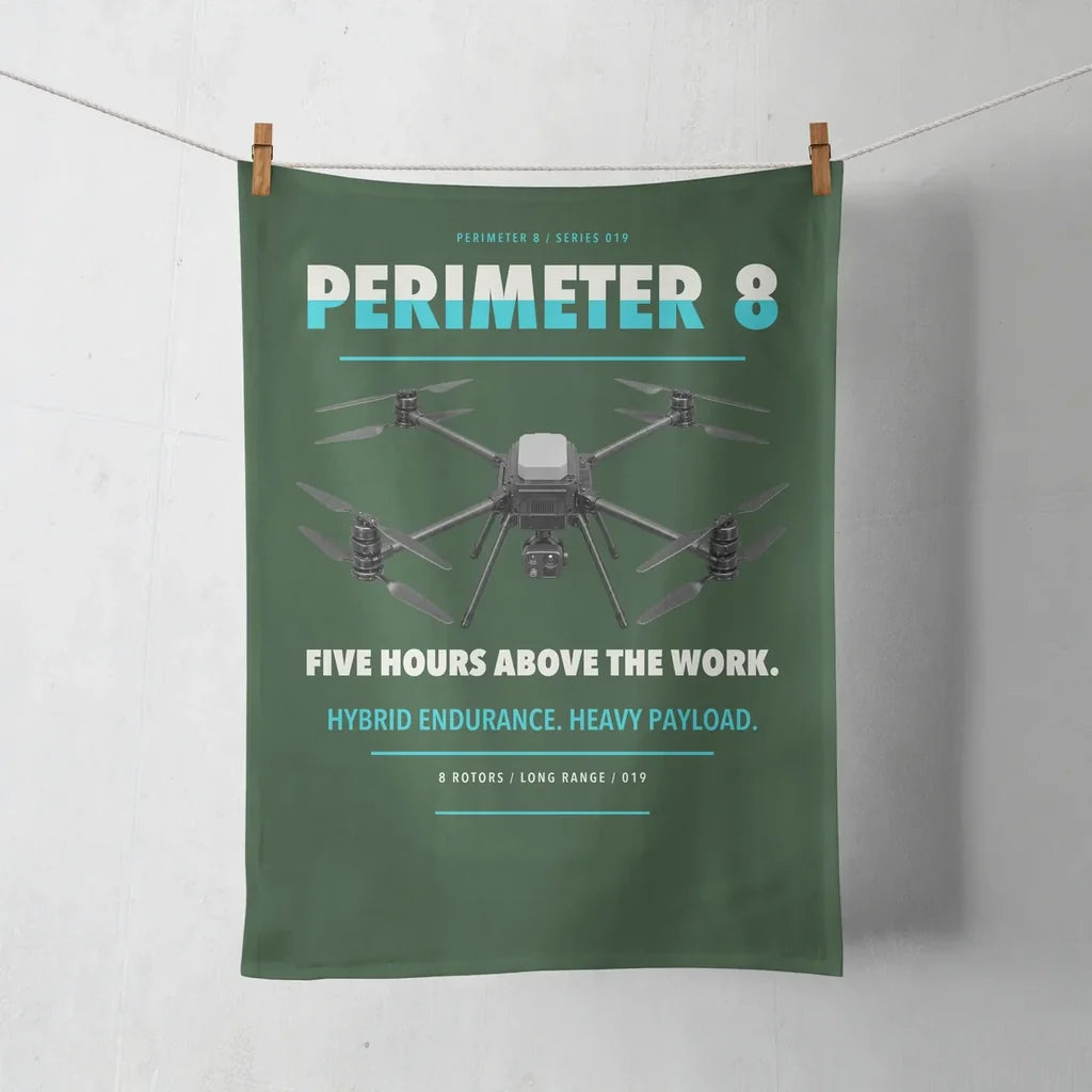 Skyfront Perimeter 8 design on dark green towel