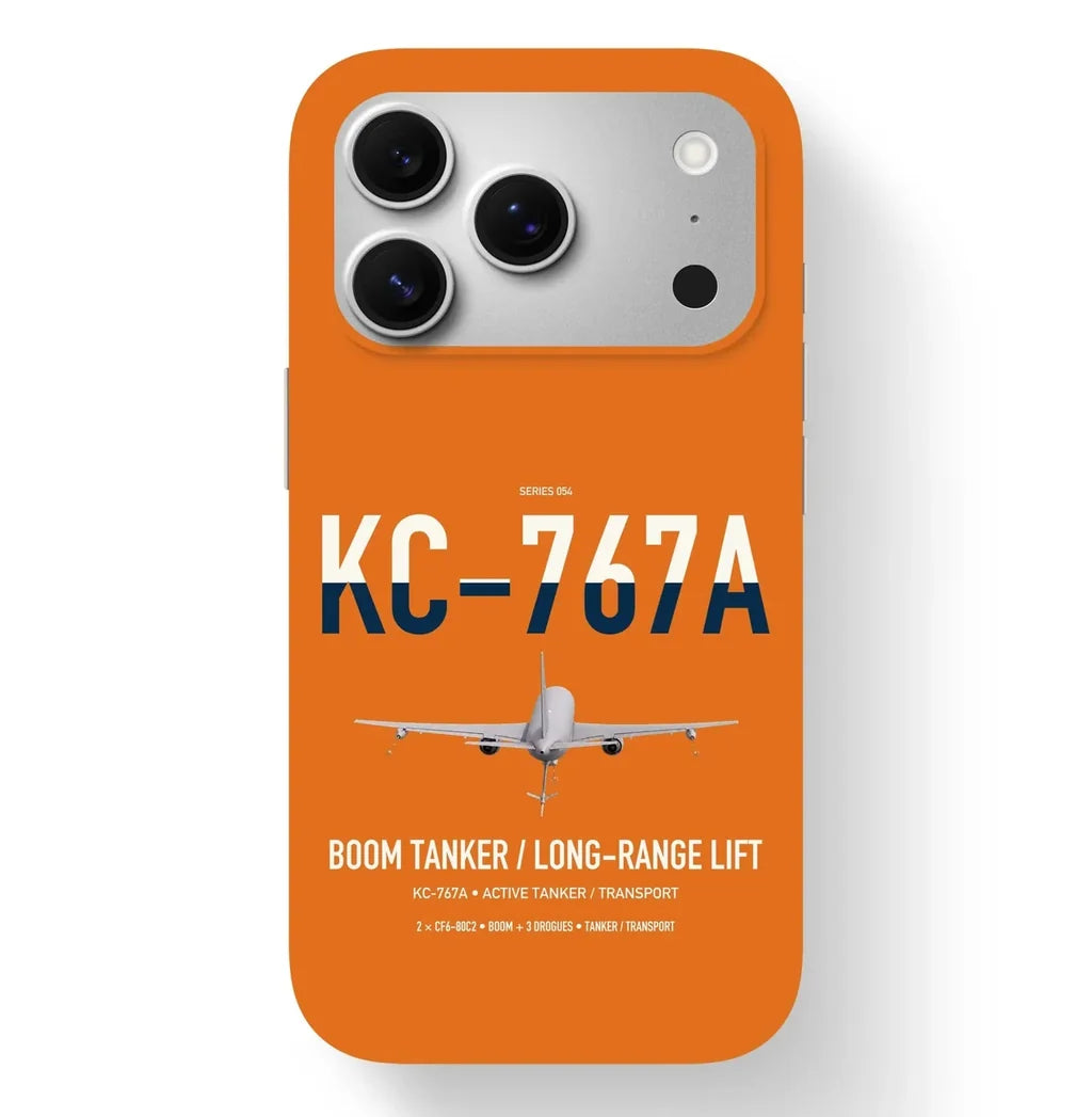 Boeing KC-767A design on orange magsafe iphone case, for iPhone 17 Pro