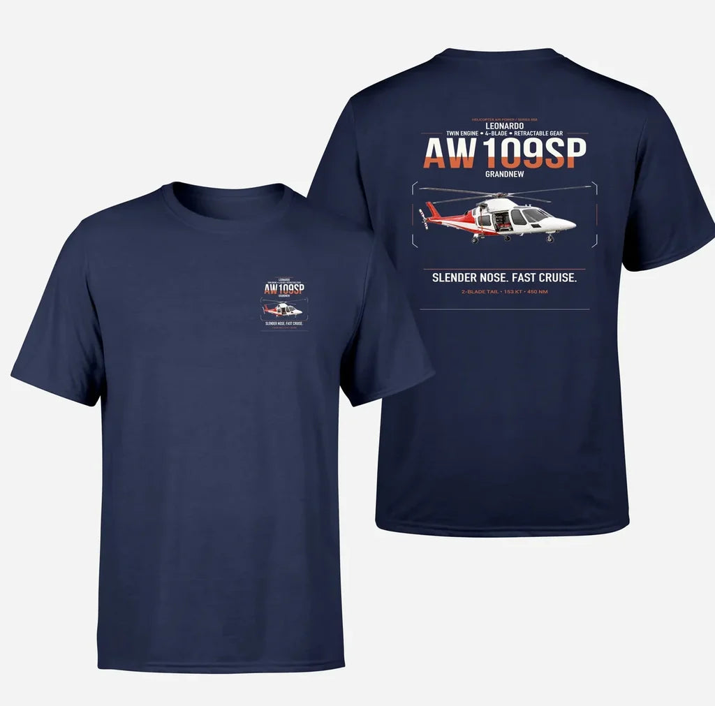 Leonardo AW109SP GrandNew design on navy blue t-shirt, double-side print