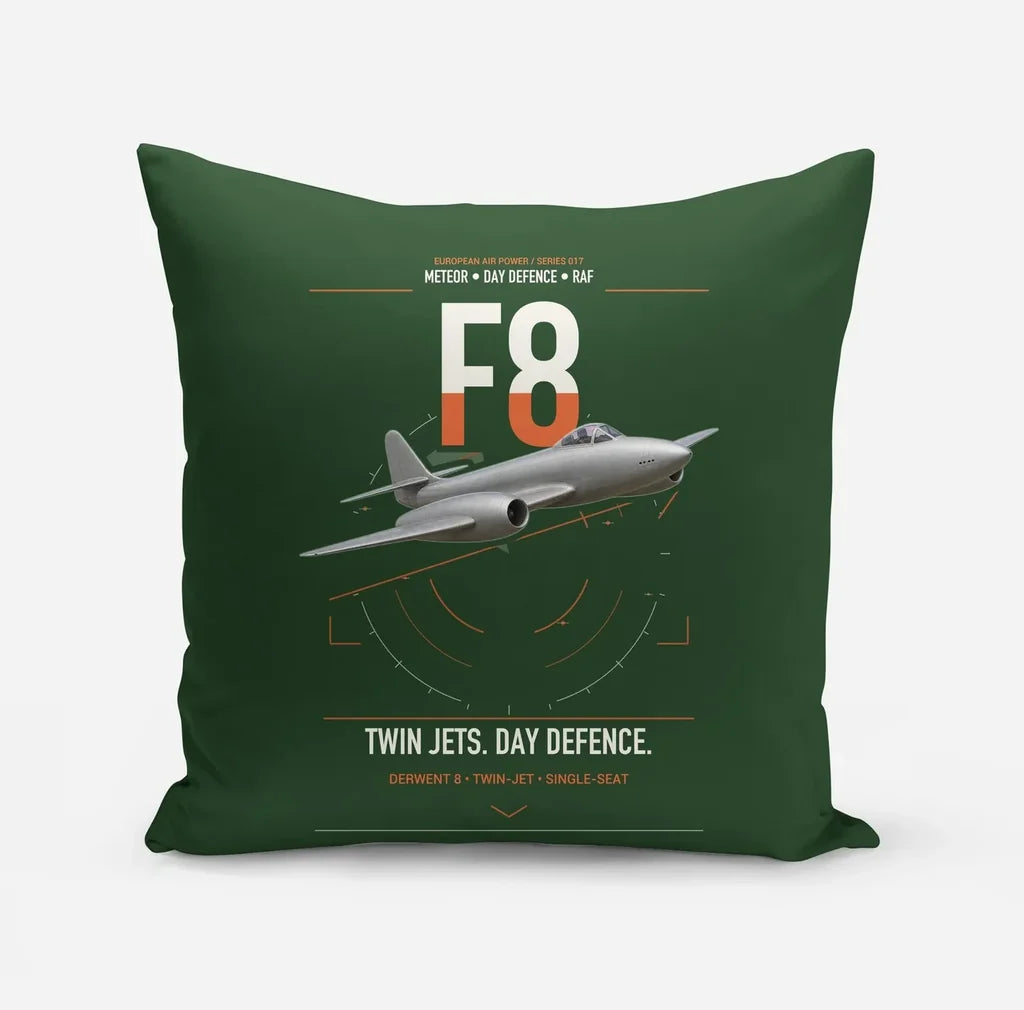 Gloster Meteor F8 design on dark green pillow