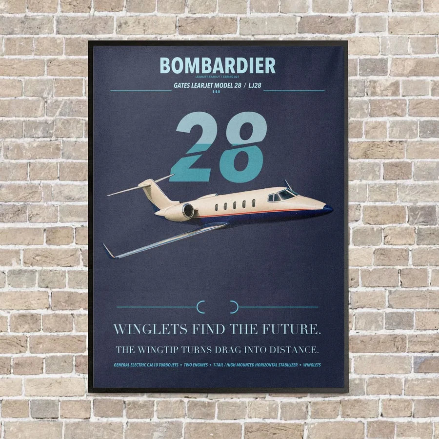 Bombardier Learjet 28 vertical canvas print - framed - navy blue background