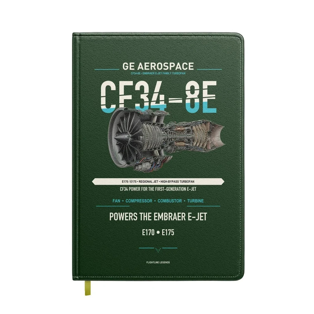CF34-8E design on dark green notebook