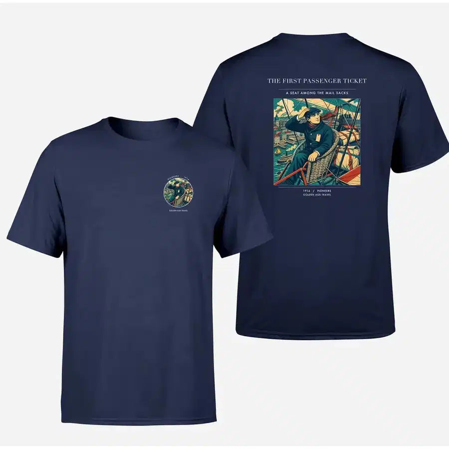 VINTAGE G4321 - The First Passenger Ticket - Double-Side T-Shirt design on navyblue double side t shirt
