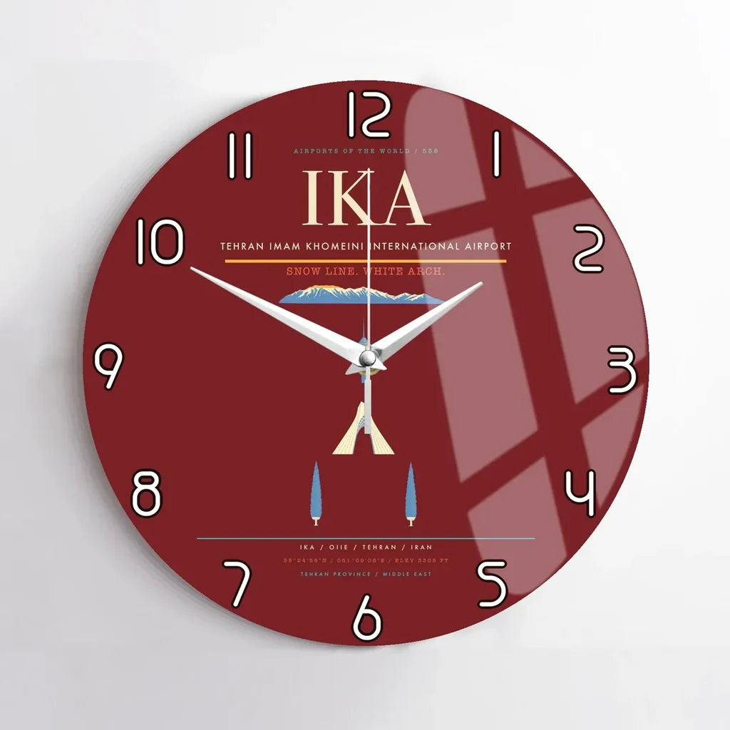 Tehran Imam Khomeini International Airport (IKA) design on dark red no frame wall clock