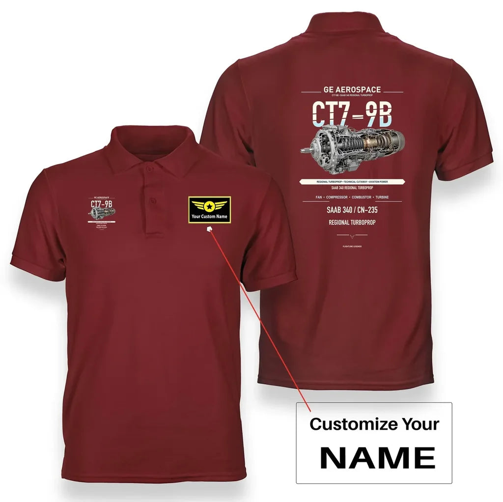 CT7-9B design on red polo with custom name badge