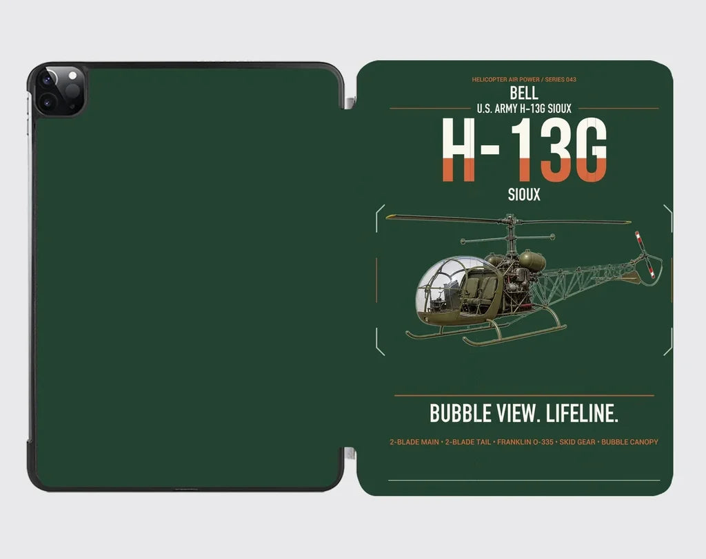 Bell H-13G Sioux design on dark green ipad tablet case