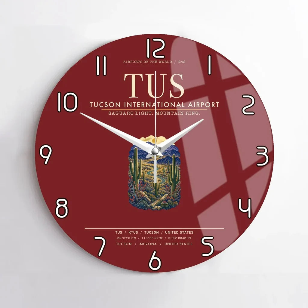 Tucson International Airport (TUS) design on dark red no frame wall clock