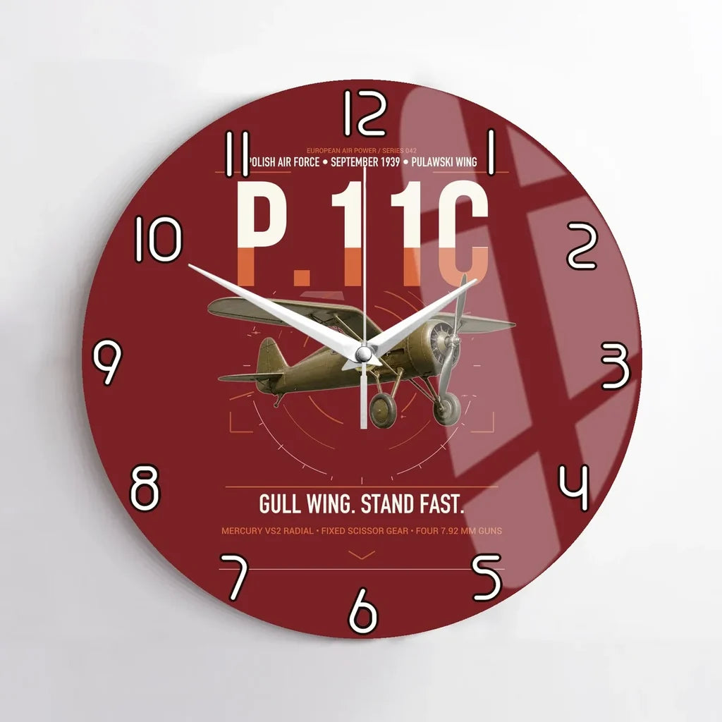 PZL P.11c design on dark red no frame wall clock