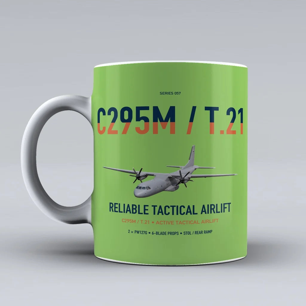 Airbus C295M T.21 design on light green ceramic mug, double-side print