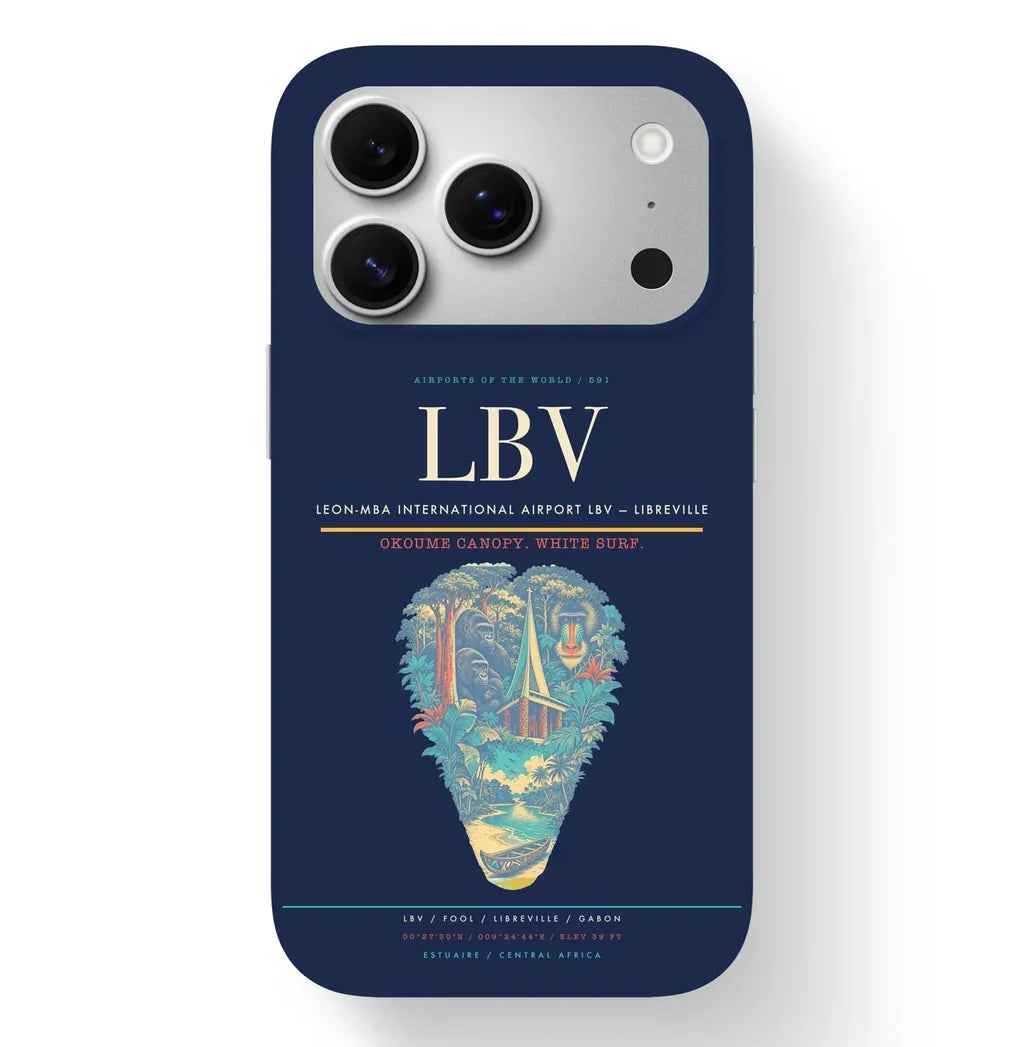 Libreville Airport (LBV) design on navy blue iPhone 17 Pro MagSafe case