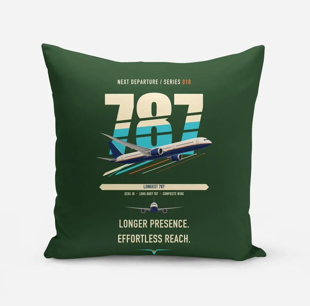 Boeing 787-10 Dreamliner design on dark green pillow