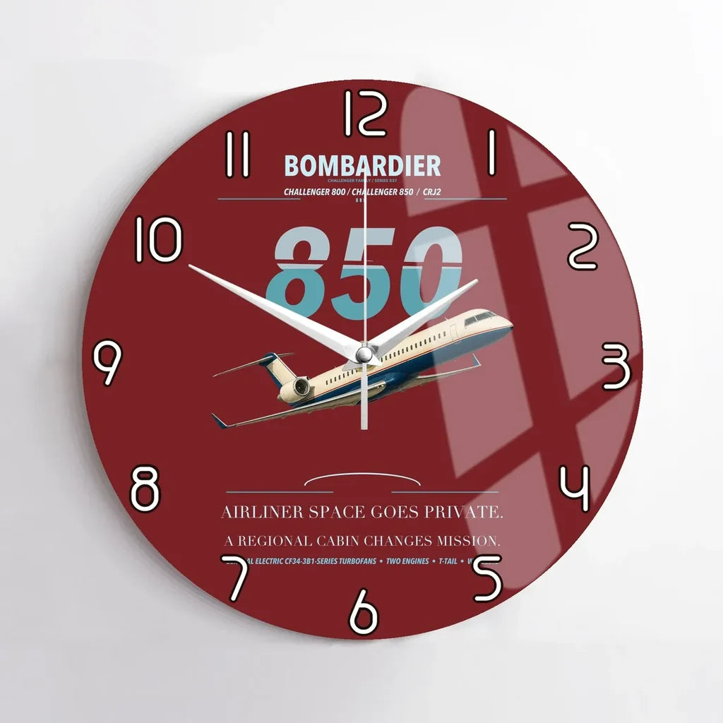 Bombardier Challenger 850 design on dark red no frame wall clock