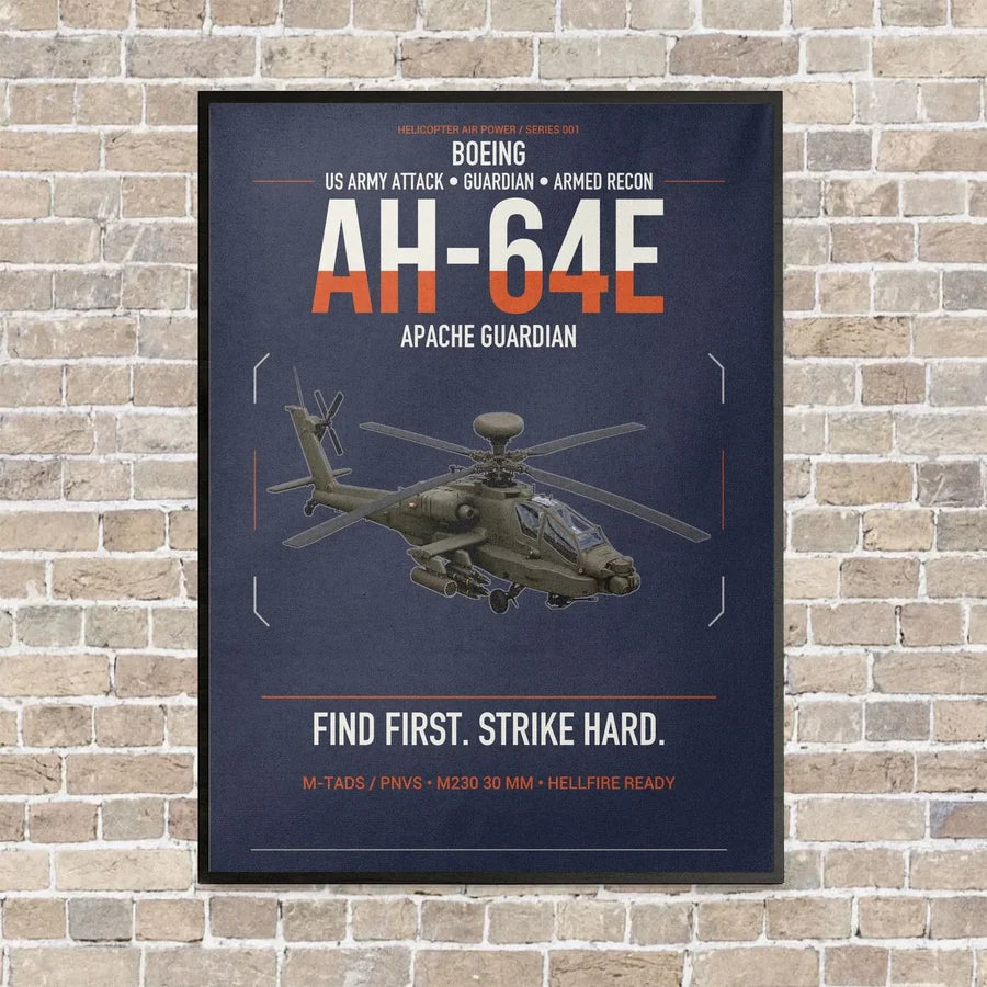 Boeing AH-64E Apache Guardian vertical canvas print - framed - navy blue background